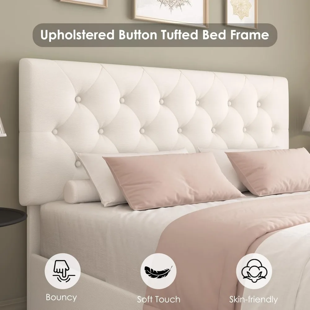 سرير منجد حديث مع أدراج تخزين، لوح رأسي معنقدة بأزرار، دعم شرائح خشبية، سهل التجميع