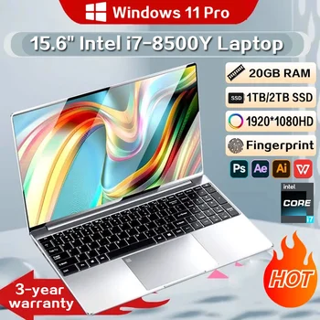 오리지널 윈도우 11 프로 노트북, 인텔 코어 i7 8500Y, 20GB RAM, 1TB SSD, 사무실 컴퓨터 PC 지문 잠금 해제, 15.6 인치