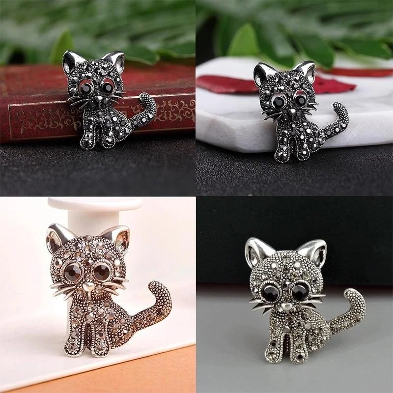 Cute  Brooches Little Cat Vintage Rhinestone Women Small Animal Party Casual Brooch Pins Gifts  Clips Antique Silver Jewelry