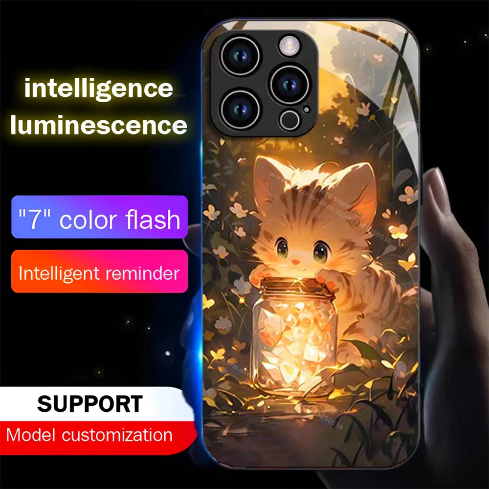 Adorável gato dos desenhos animados caso de telefone luminoso led luz vidro à prova de choque capa para iphone 16 e 15 14 13 12 11 pro max xr xs plus