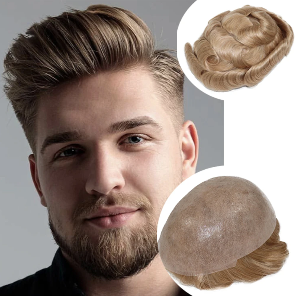 Tupé de pelo humano para hombre, peluquín de Color rubio platino europeo, piezas de PU completas, superduradera piel fina, sistema de 0,06mm, bucle en V, el mejor # 22R