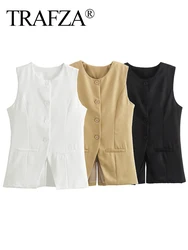 TRAFZA 2024 Women Vintage Solid Vest Tops Female Chic O-Neck Single-Breasted Ladies Elegant Sleeveless Waistcoat Tops Clothing