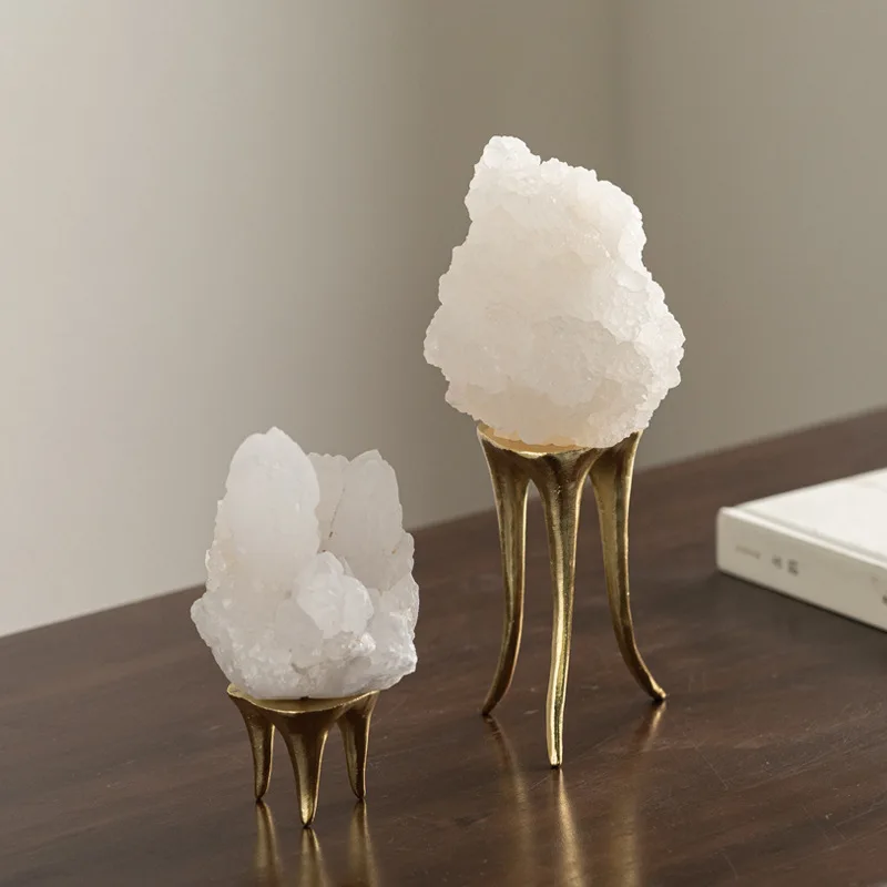 White Quartz Crystal Cluster Decor Pieces with Golden Metal Tripod Stands for Home Office Living Room Tabletop, Set of