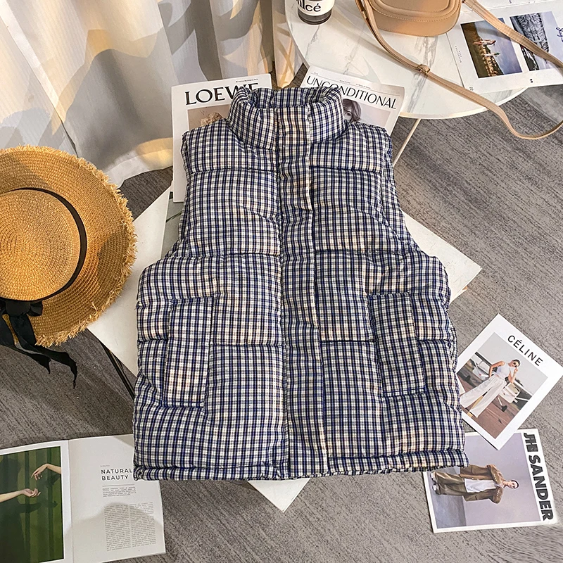 

Blue Plaid down Cotton Vest Women's Thiened Outerwear Bread Cotton Coat Winter Korean Sle High-End Feeling Zipper Design
