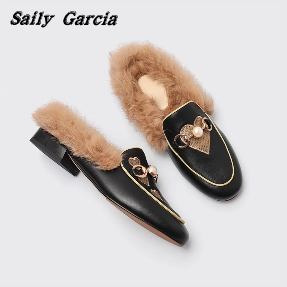 Genuine Leather Metal Buckle Pearl Short Plush Slippers Winter New Love Embroidery Casual Sides Round Toe Low Heel Women Shoes