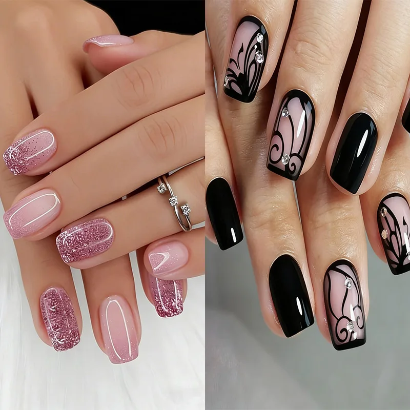 

24Pcs Short False Nails with Shimmery Powder Nail Art Full Cover French Sheer Wearable Nail Manicure Tips for Girls Daily