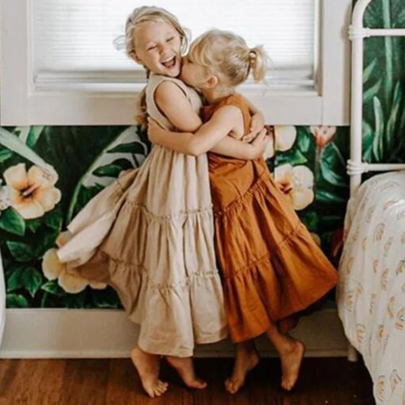 Summer Vintage Casual Vest Princess Dress Comfort Children Girl's Dress for Girls Clothes Breathable Linen Girls Beach Dress