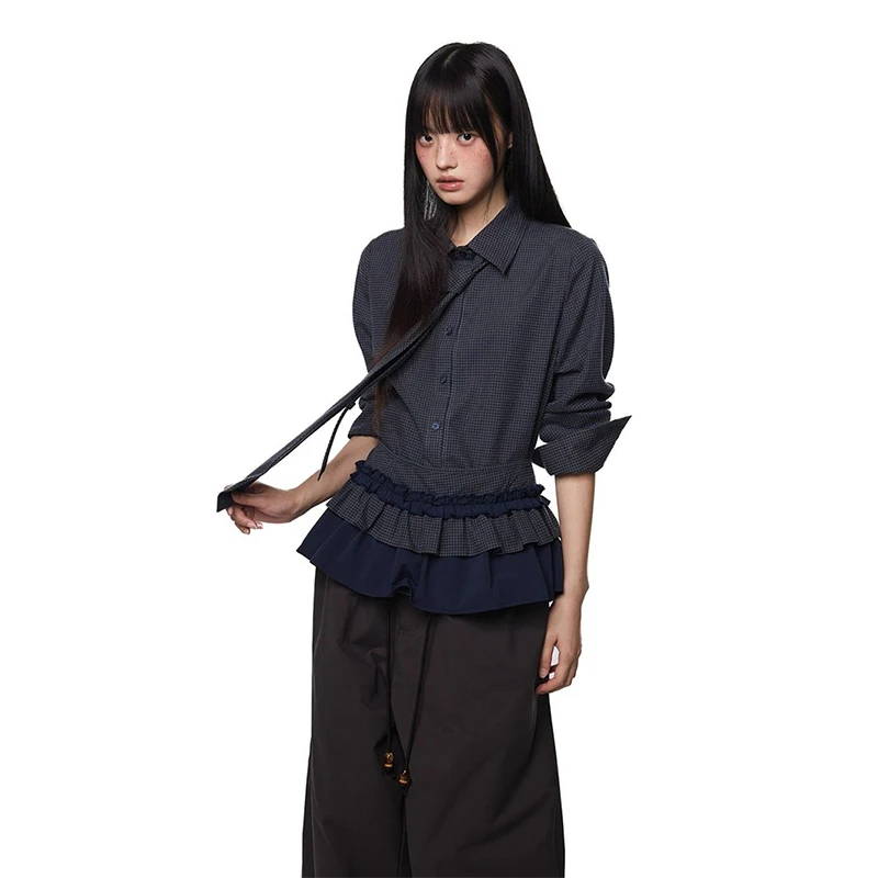 

Винтажные клетчатые рубашки женские Y2K Harajuku с галстуком и оборками в стиле пэчворк, уличная одежда, готические гранж-эстетические повседневные топы с длинными рукавами