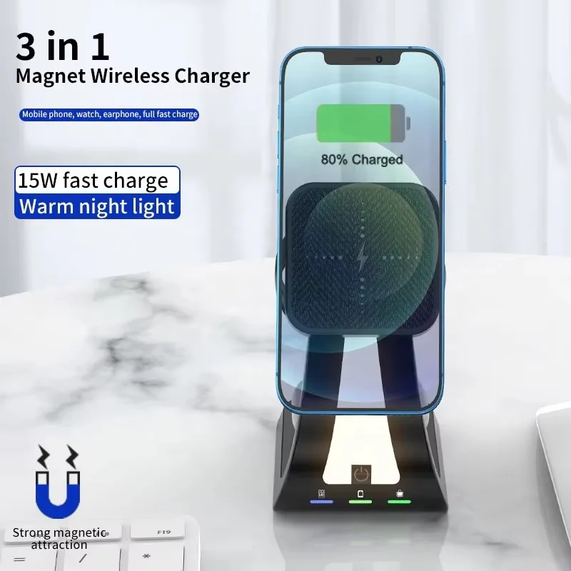 2024 Hot Sell 15W Fast Wireless Phone Charging Stand 3 In 1 Magnetic Wireless Chargers For Phone 13 For Earbuds For Smart Watch