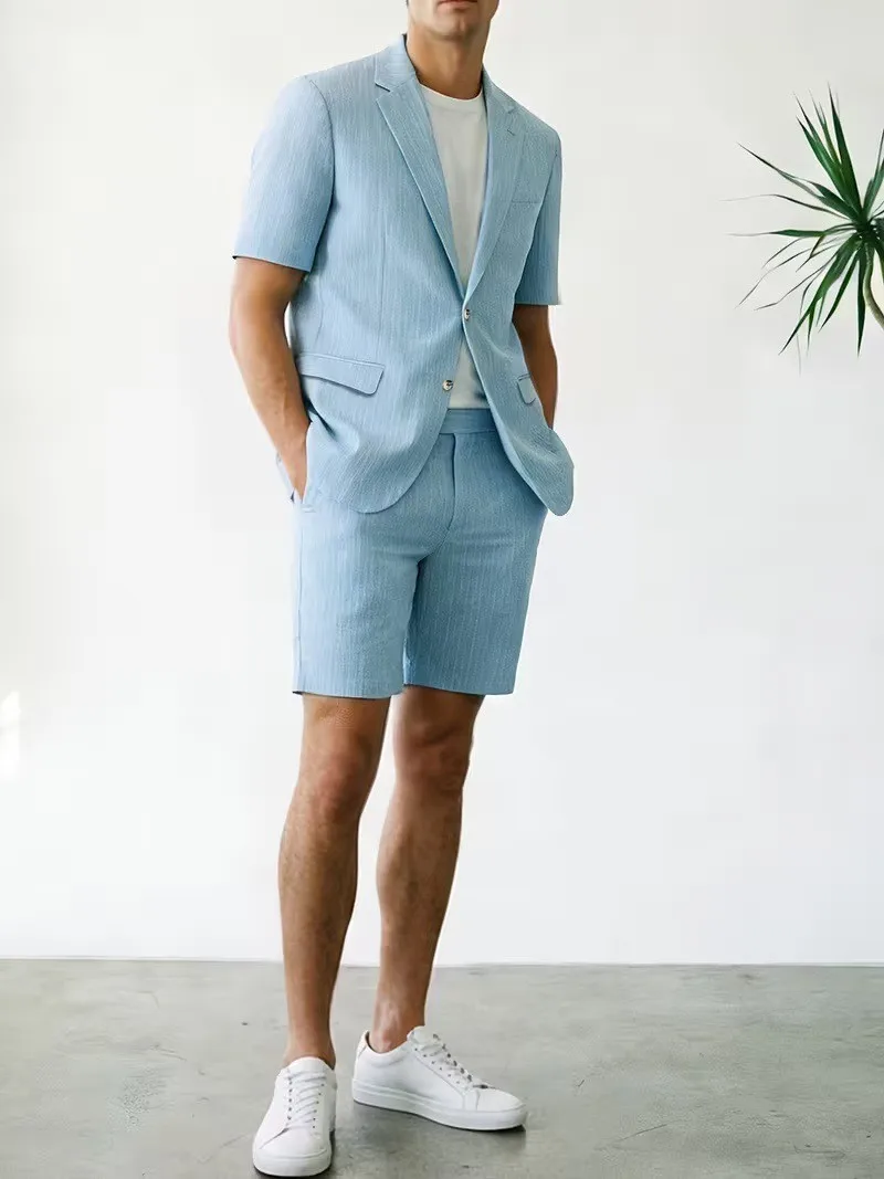 

Легкий мужской костюм для отдыха на курорте | Однобортный полосатый блейзер с короткими рукавами и шортами