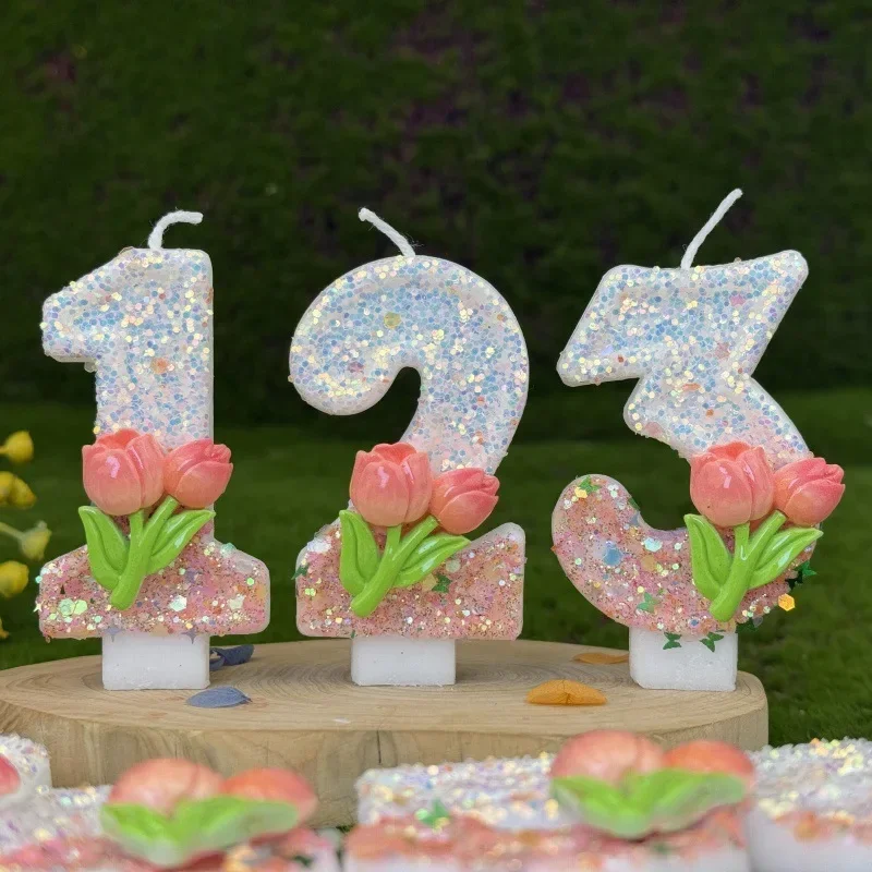 Pink Glitter Number Tulip Flower Candles for Birthday Party Caking Decora Bake Decora Prop Gradient Color Anniversary Candle