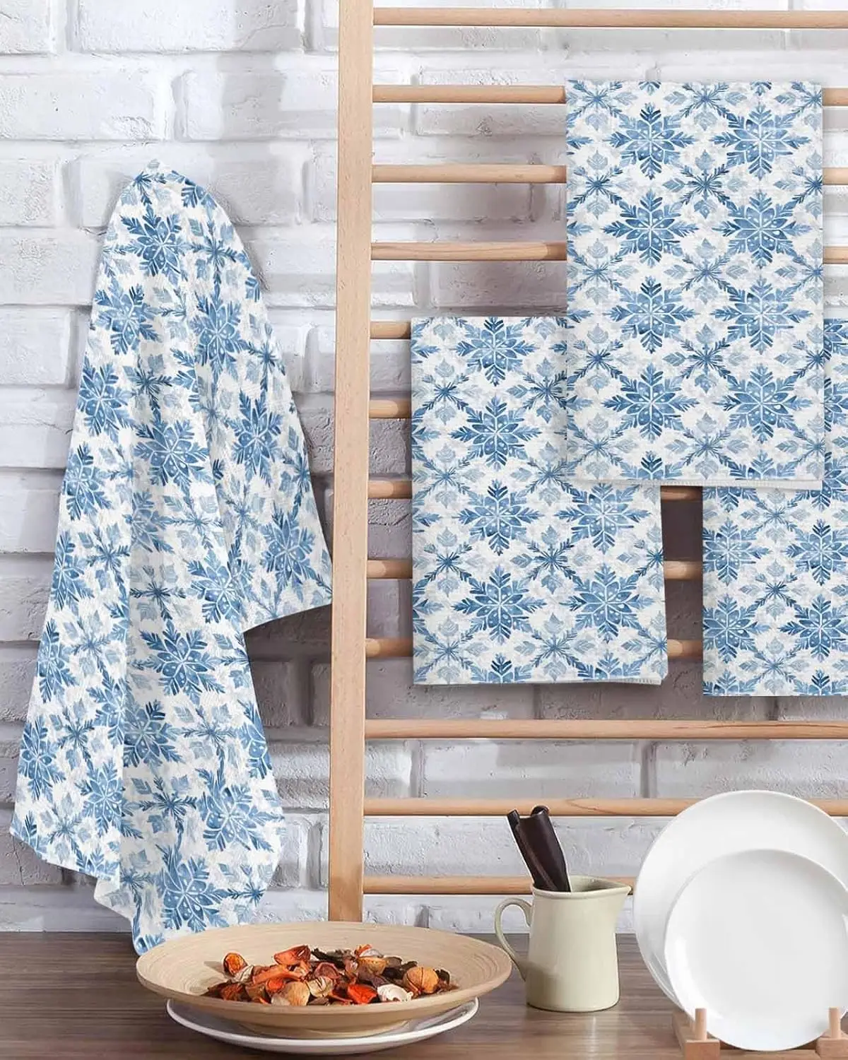 Perlengkapan Pembersih Handuk Teh Piring Dapur Kepingan Salju Biru Natal Perlengkapan Pembersih Tangan Bar Cepat Kering Dekorasi Rumah Navidad