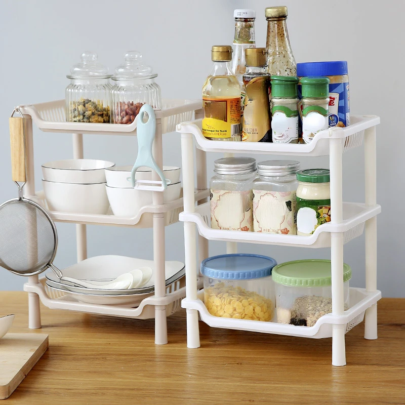 3-Layers Kitchen Storage Rack Shelve Plastic Assembled Sundries Food Shelf Dish Holder Bathroom Organizer Accessories