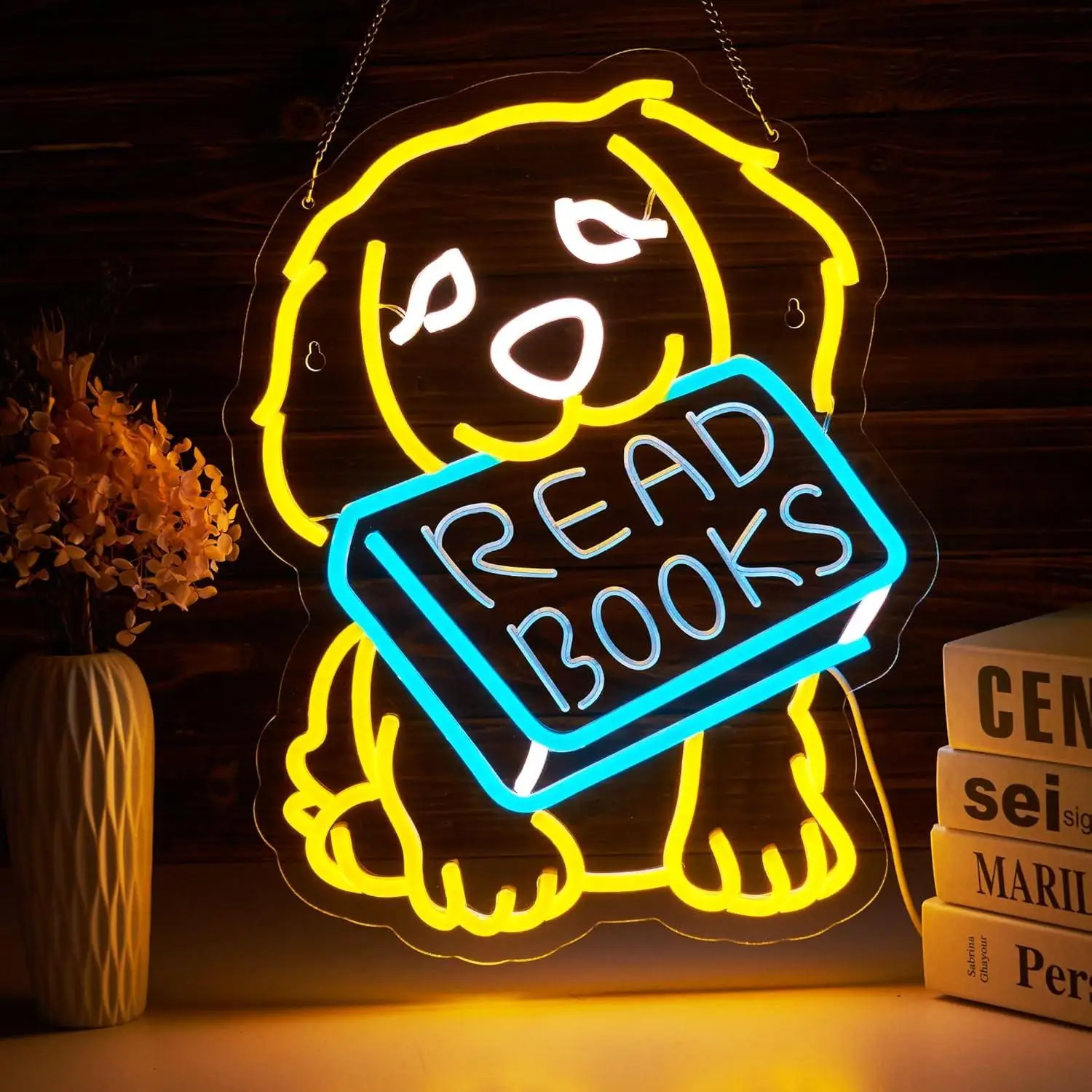 

Read Books Golden Retriever Neon Sign USB Dimmable LED Light for Wall Decor Book Club Classroom Kid Bedroom Party Art Decoration