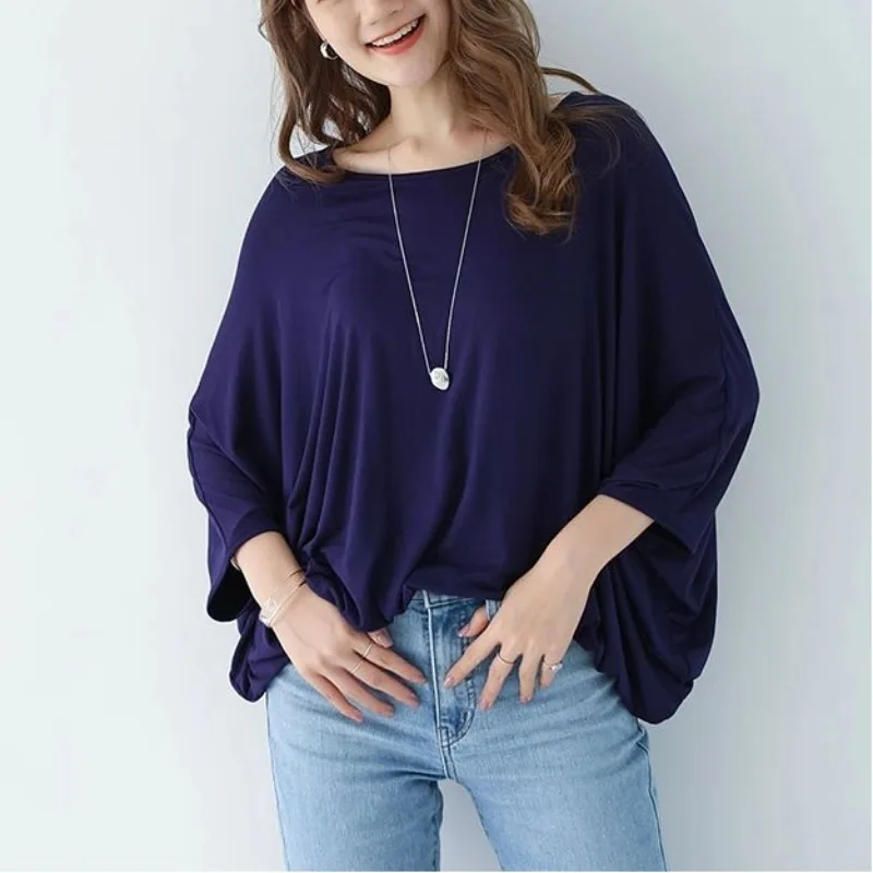 

Ladies Spring Summer new style Solid color knitting Fashion Loose trend 3/4 sleeve O-neck batwing sleeve top tee Pullovers