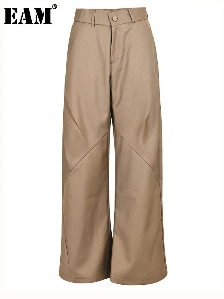 [EAM] pantaloni a gamba larga Casual lunghi pieghettati kaki a vita alta nuovi pantaloni larghi moda donna marea primavera autunno 2024 CPG0530