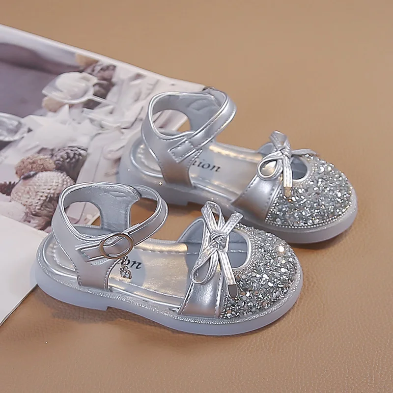 Sparkly Sequins Leather Sandals for Toddler Girls 2026 New Summer Kids Beach Shoes with Cute Bow Soft Sole Princess School Party