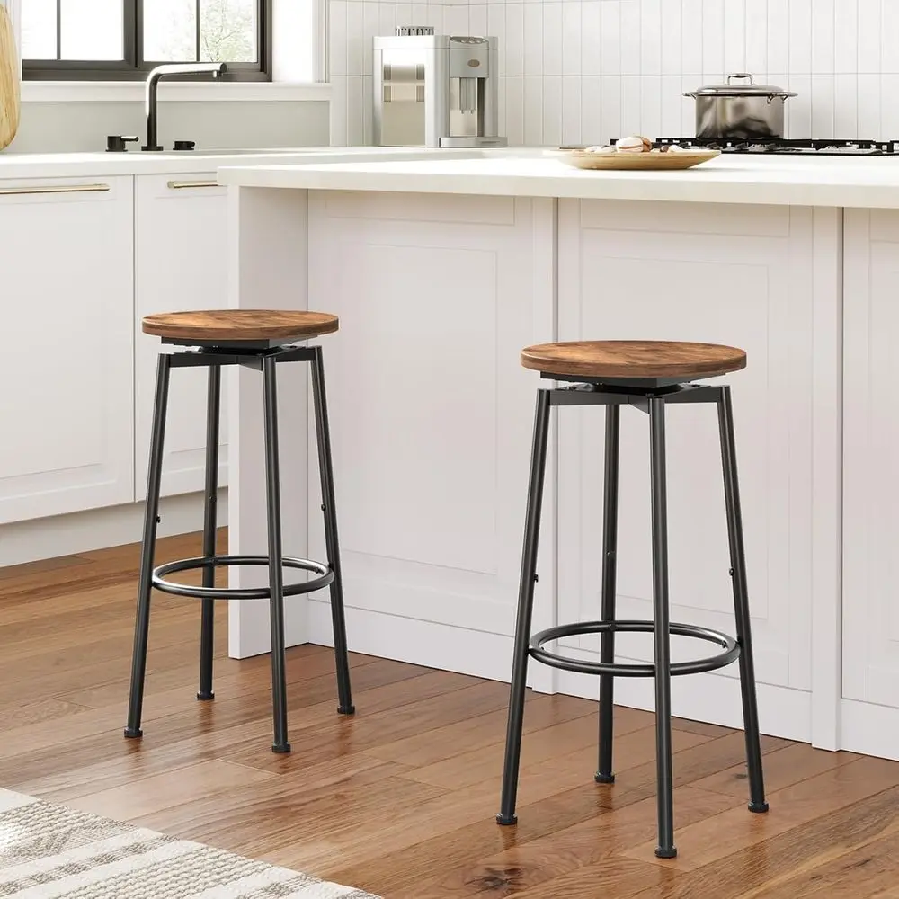 Set of 2 Swivel Bar Stools, 24.9 Round Backless Modern Kitchen Island Chairs, Adjustable Feet, Rustic Brown & Black BF24BY01