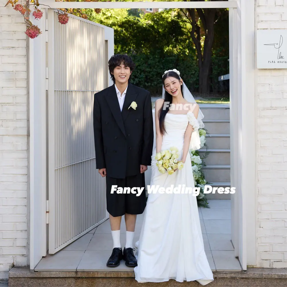 Fancy Princess Off Shoulder Wedding Dress Korea Photoshoot A Line Pleats Bridal Gown Floor Length Back Corset Customized