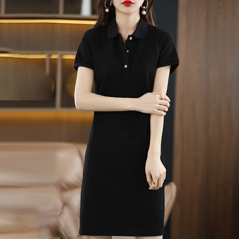 Spring Summer New 100% Cotton Dress Woman Polo Collar Long Loose Large Size Pullover Sweater Short Sleeve Bottoming Dress