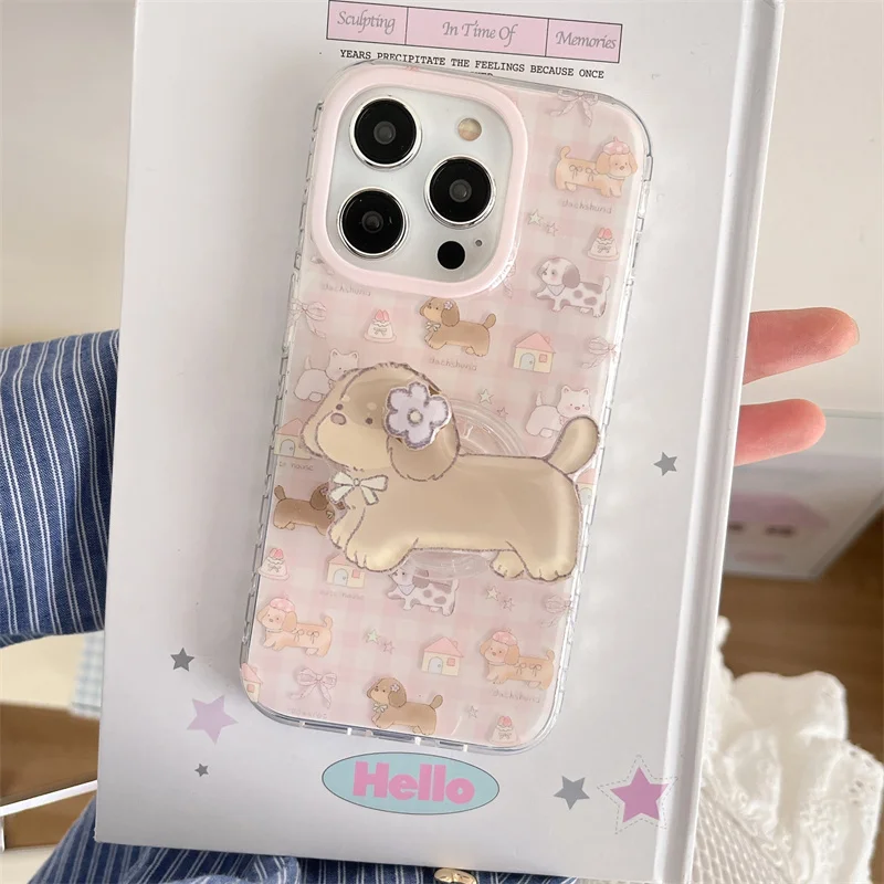 

Cute pink phone case plaid cartoon puppy for iPhone 13 Pro 14 15 Pro 16 Pro Max Bow puppy stand anti-drop cover For Girls gift