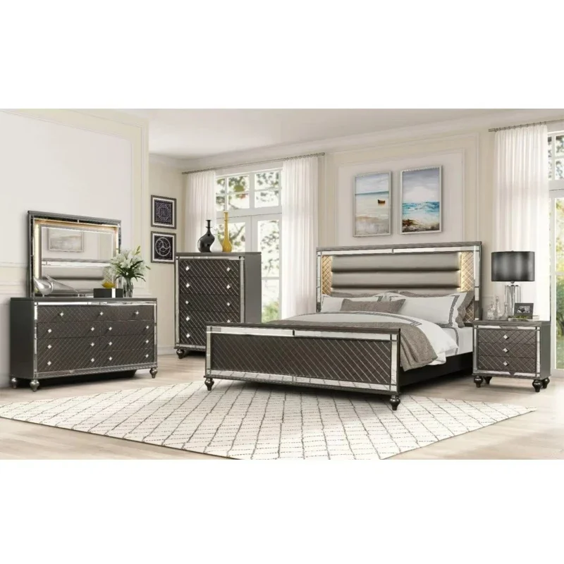 

Luxury modern solid wood bedroom furniture with lamp headboard, suitable for apartment hotel villa use