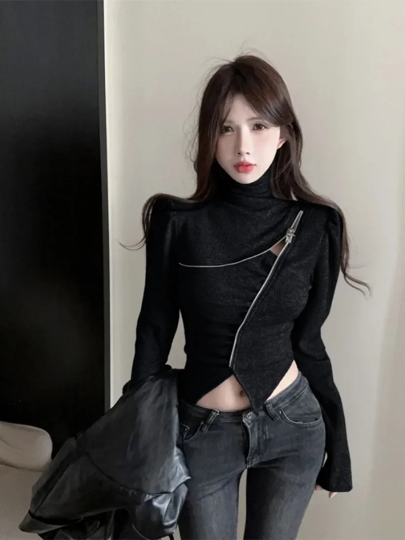 Spicy Girl Fashion High Neck Irregular Zipper Sweater Women Temperament Korean Midriff-baring Solid Elastic Slim Spring Knitwear