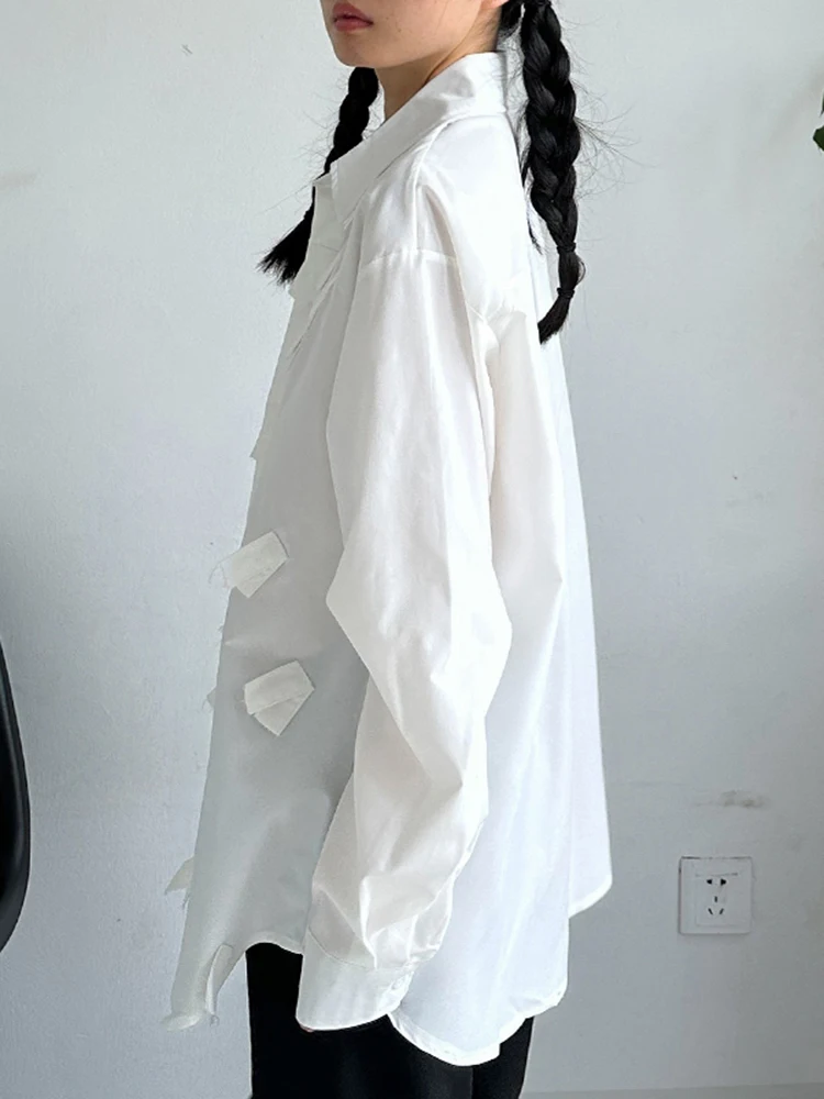 YERMORA White Spliced Tassel Buckle Casual Blouse For Women Lapel Long Sleeve Loose New Shirt Fashion Tide Spring Autumn 2025