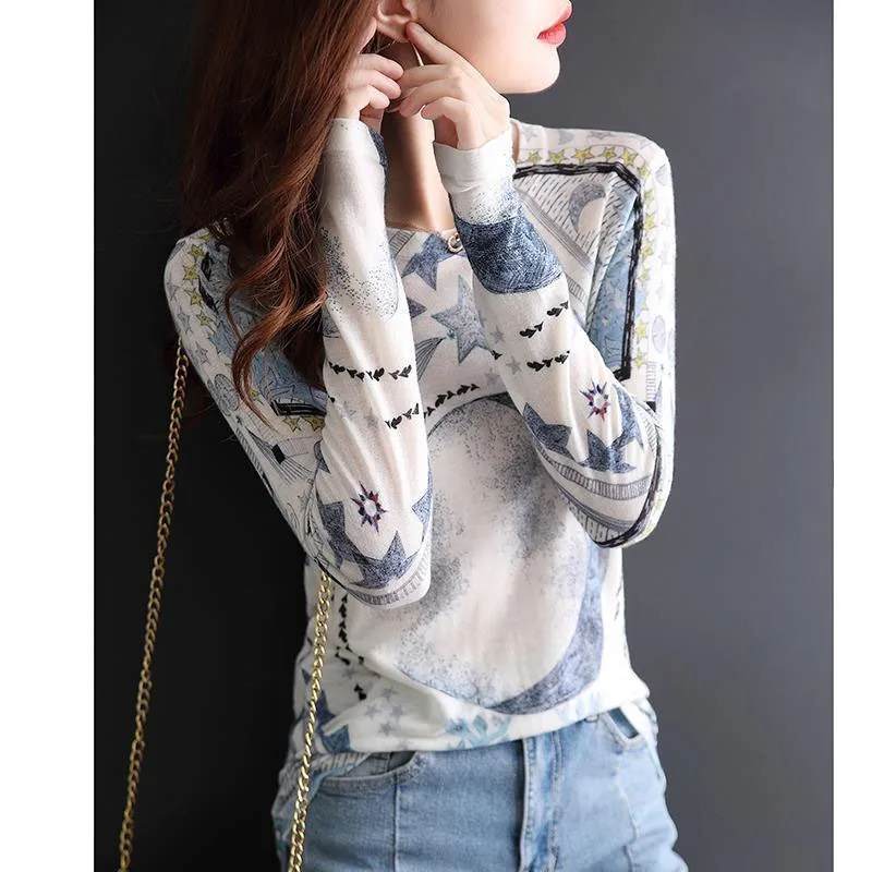 Spring and Autumn Women's Pullover Round Neck Long Sleeve Printing Knit Patchwork Office Lady Fashion Young Style Underlay Tops