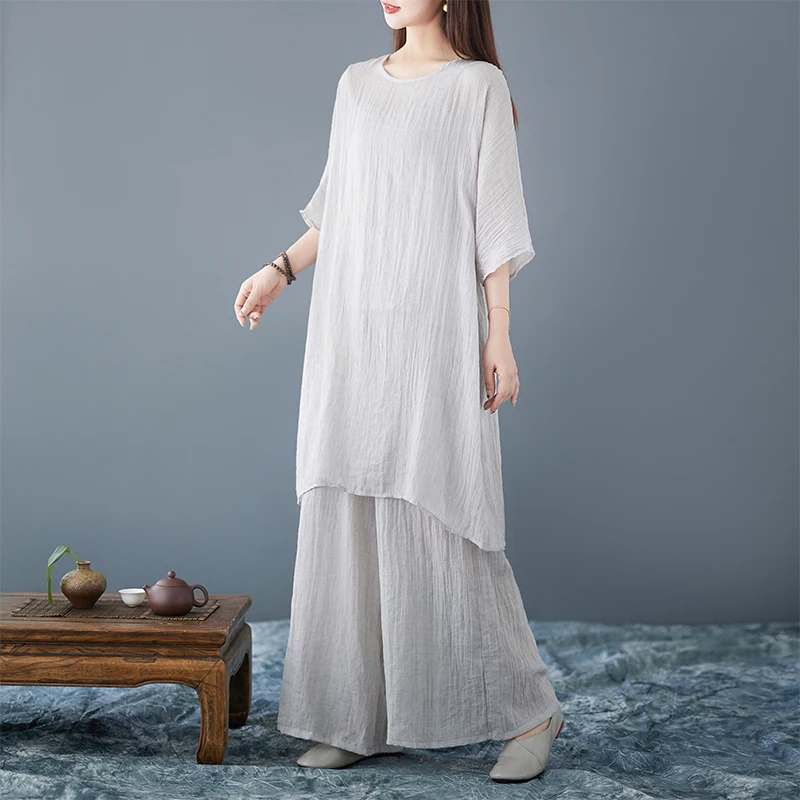 Silk Cotton Linen Set Zen Sle Top Pants Strap Wide Leg Pants Ethnic Stage Costume Women's Premium Ensemble