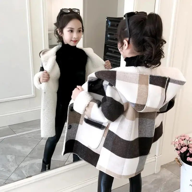 

2023 Winter Teeange Girls Jackets Girls Lamb Fleece Coat Warm Hooded Outerwear Fashion Woolen Long Coat Children Clothing 4-12Y