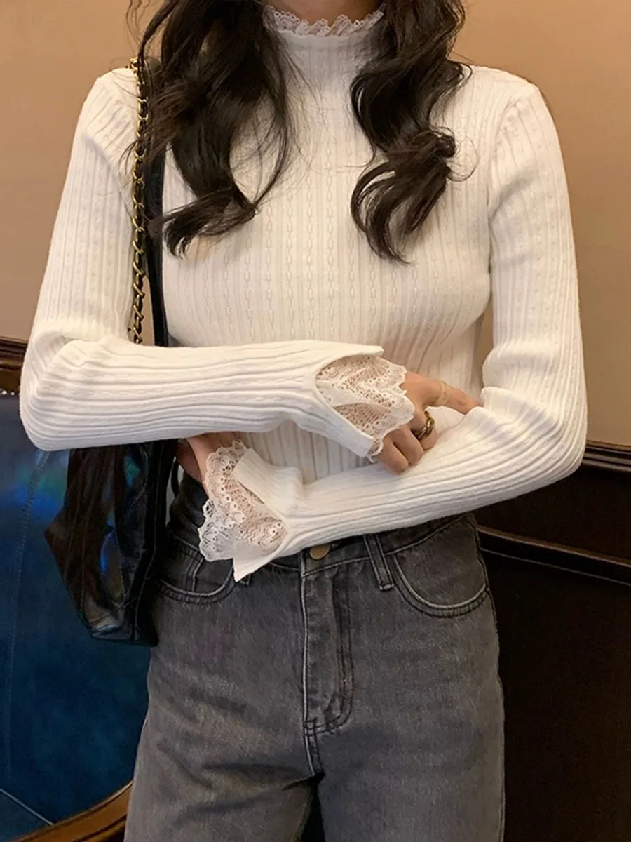 Long Sleeve Solid Knit Sweater for Women Featuring Soft Polyester Fabric and Elegant Lace Trim at Hem and Cuffs
