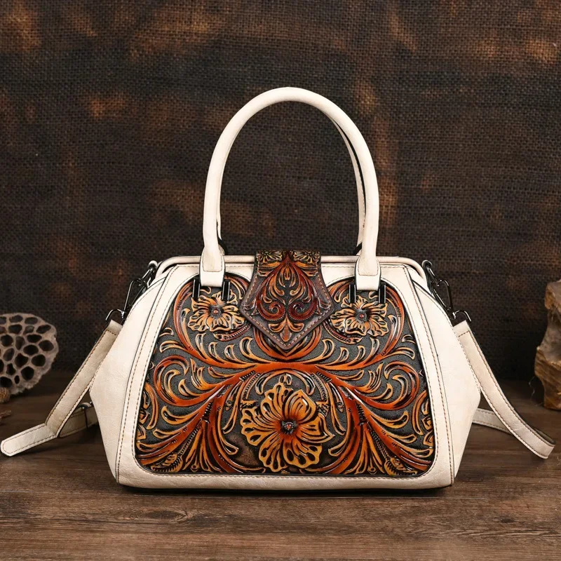 Vintage Women Handbag Floral Bag Ladies Shopping Leather Handbags 2024 Winter Handmade Chinese Style Female Tote Shoulder Bags