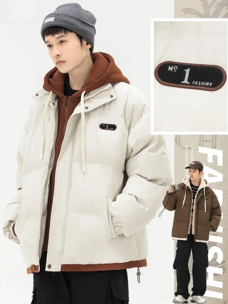 

Thickened Cotton Jacket Men's Winter Warm Coat Hooded Trendy Casual Style Polyester Zipper Closure Long Sleeve Youth F...