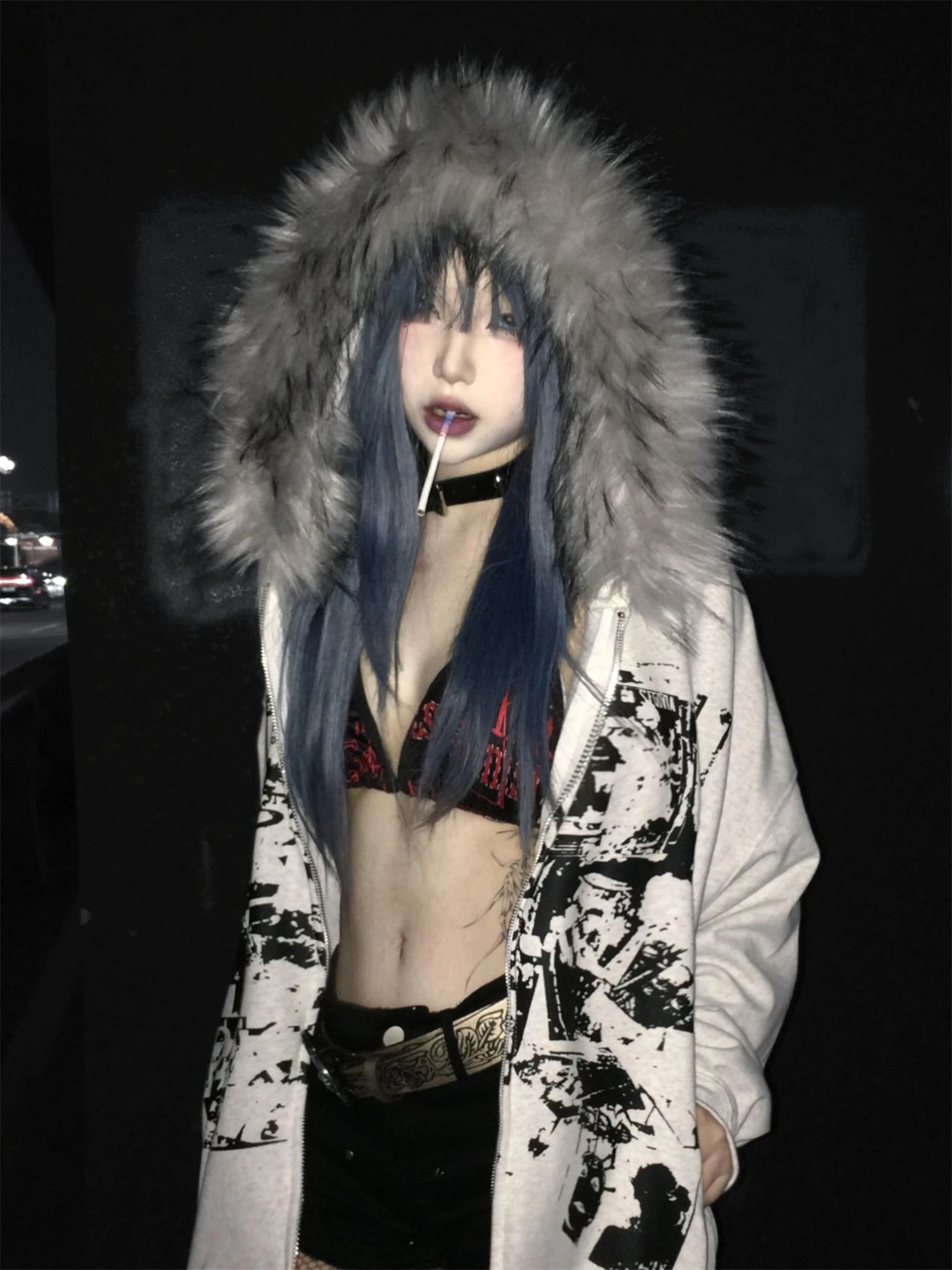 

Women's Y2K Faux Fur Hooded Zip-Up Hoodie Graphic Print Oversized Sweatshirt Harajuku Grunge Streetwear Casual Top
