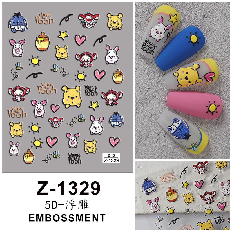 

5D тиснение Винни наклейки для дизайна ногтей мультфильм Дисней наклейки для ногтей украшения Микки Стич Китти милые наклейки для ногтей подарок для девочек