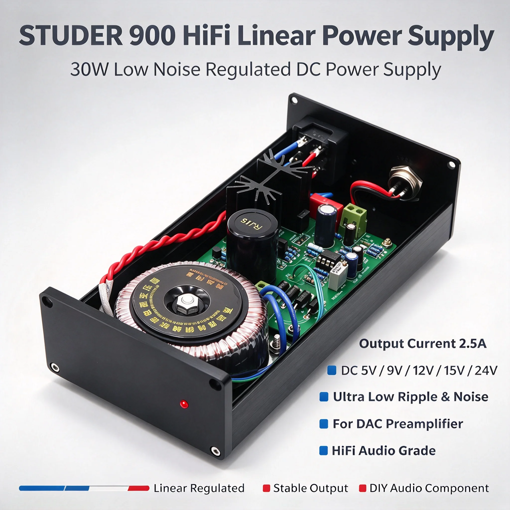 30W STUDER900 HiFi audio low noise DC stabilivolt Linear power supply current 2.5A out DC 5v 9v 12v 15v 24v for DAC preamplifier