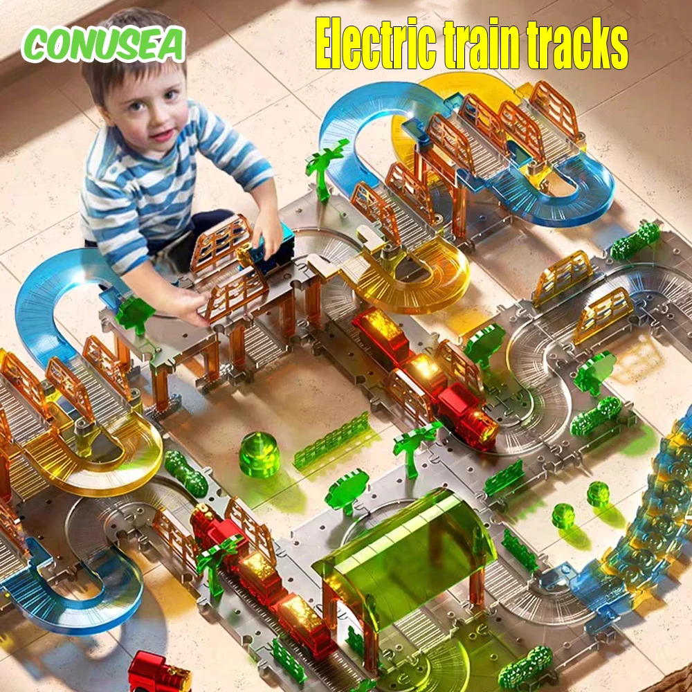 Electric train tracks Toys Splicing Track Trains Transparent Electric toy Puzzle Assembly Kid Toys City Games Birthday gifts boy