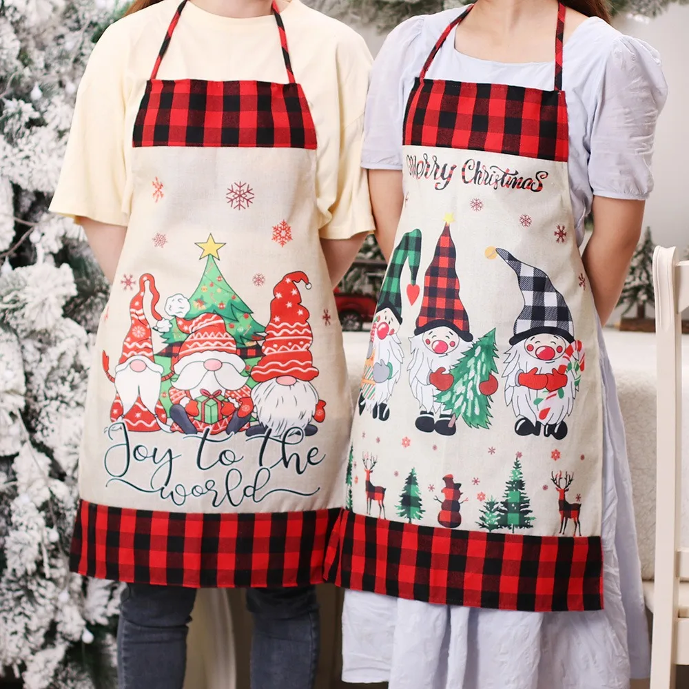 Christmas Decoration Adjustable Christmas Apron Oil-proof Black and Red Plaid Faceless Doll Apron Cute Portable Chef Apron Women