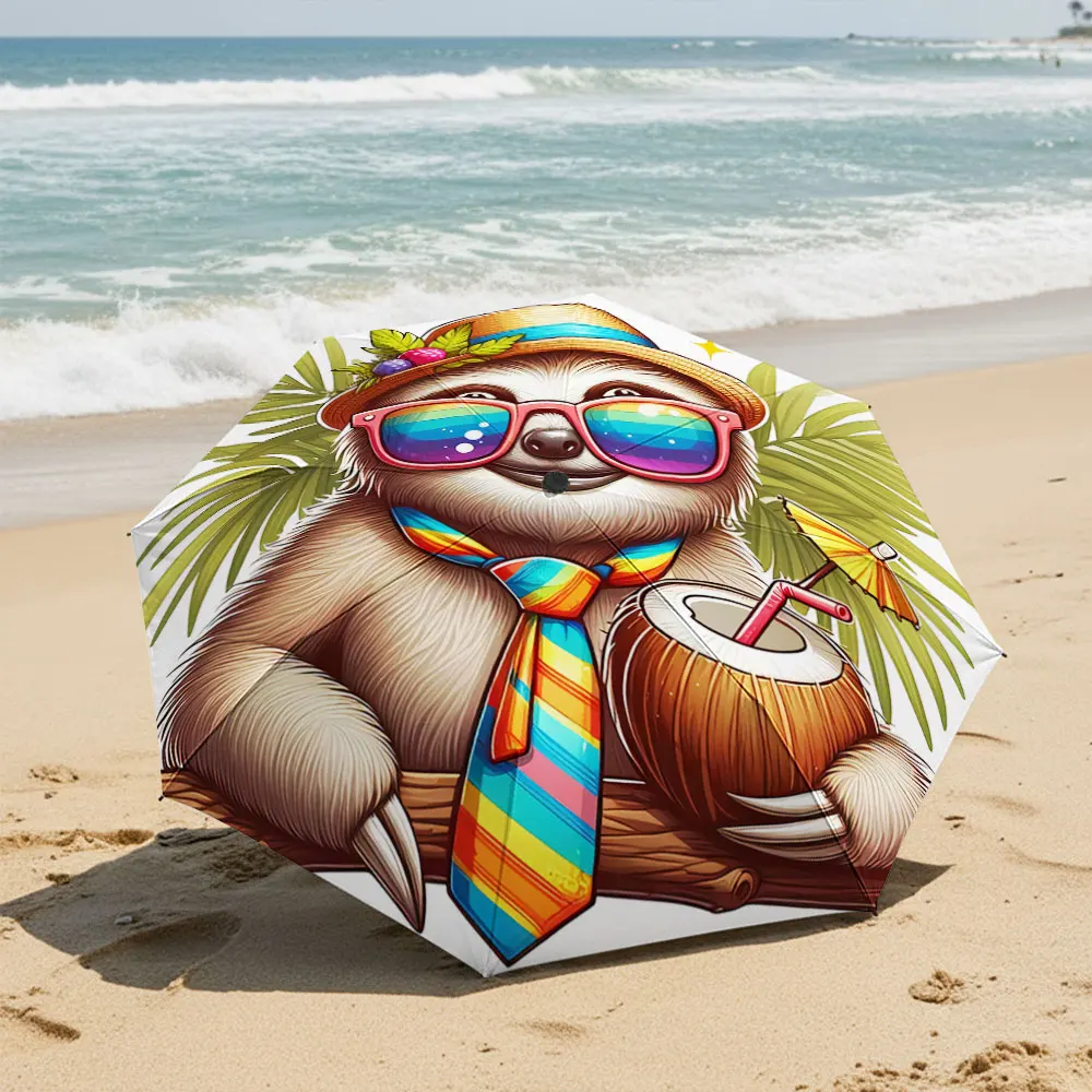 Tropical Sloth in Sunglasses with Coconut Drink Compact Fashion Folding Umbrella for Daily Use, Christmas Gift