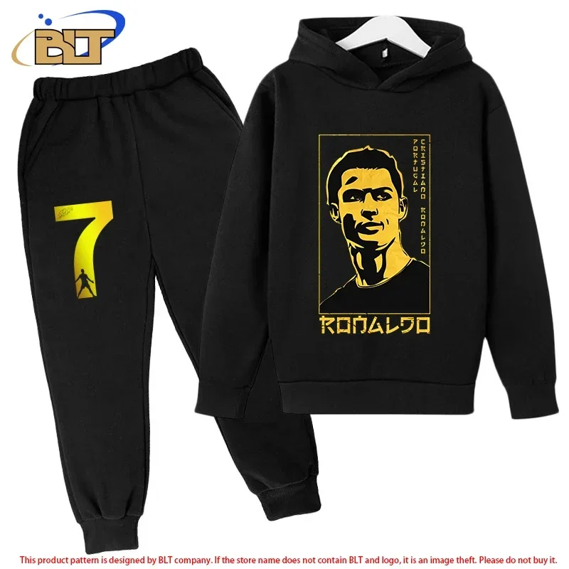 Ronaldo avatar printed children\'s sports hoodie set plus velvet sweatshirt pants 2-piece set for boys and girls