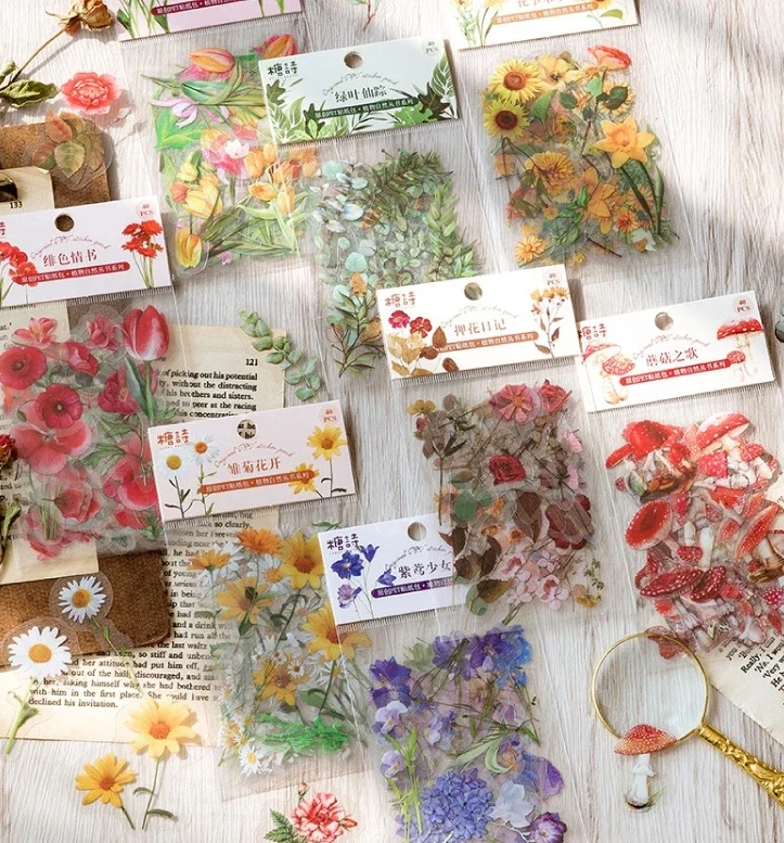40 Pcs Bag Plant Nature Flower Decorative PVC Sticker Scrapbooking DIY Label Diary Stationery Album Journal Daisy Mushroom Stick