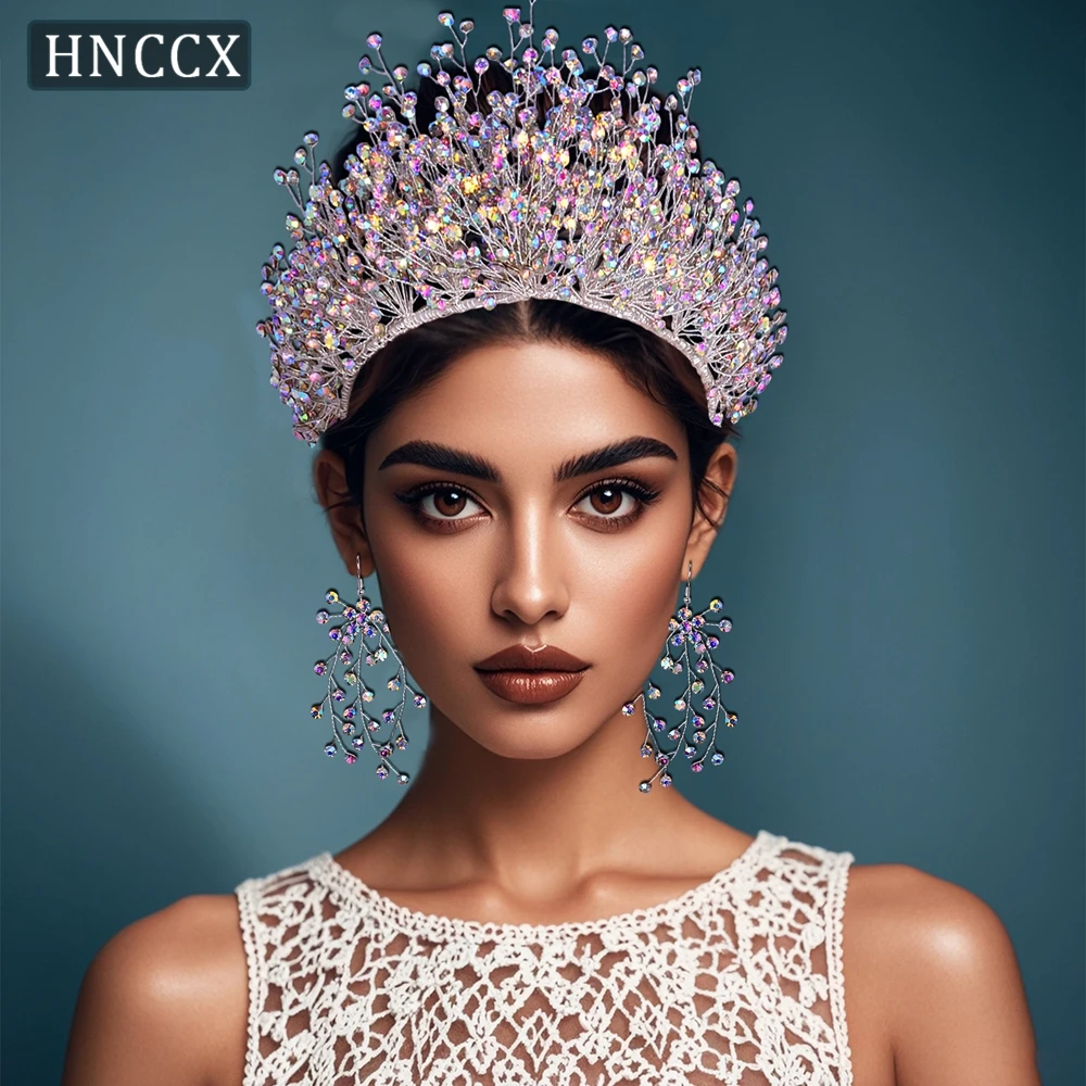 HNCCX Crown Headband Earring Suite Wedding Luxury Crowns for Brides Fashion Women Colorful Rhinestone Hair Accessories CP193