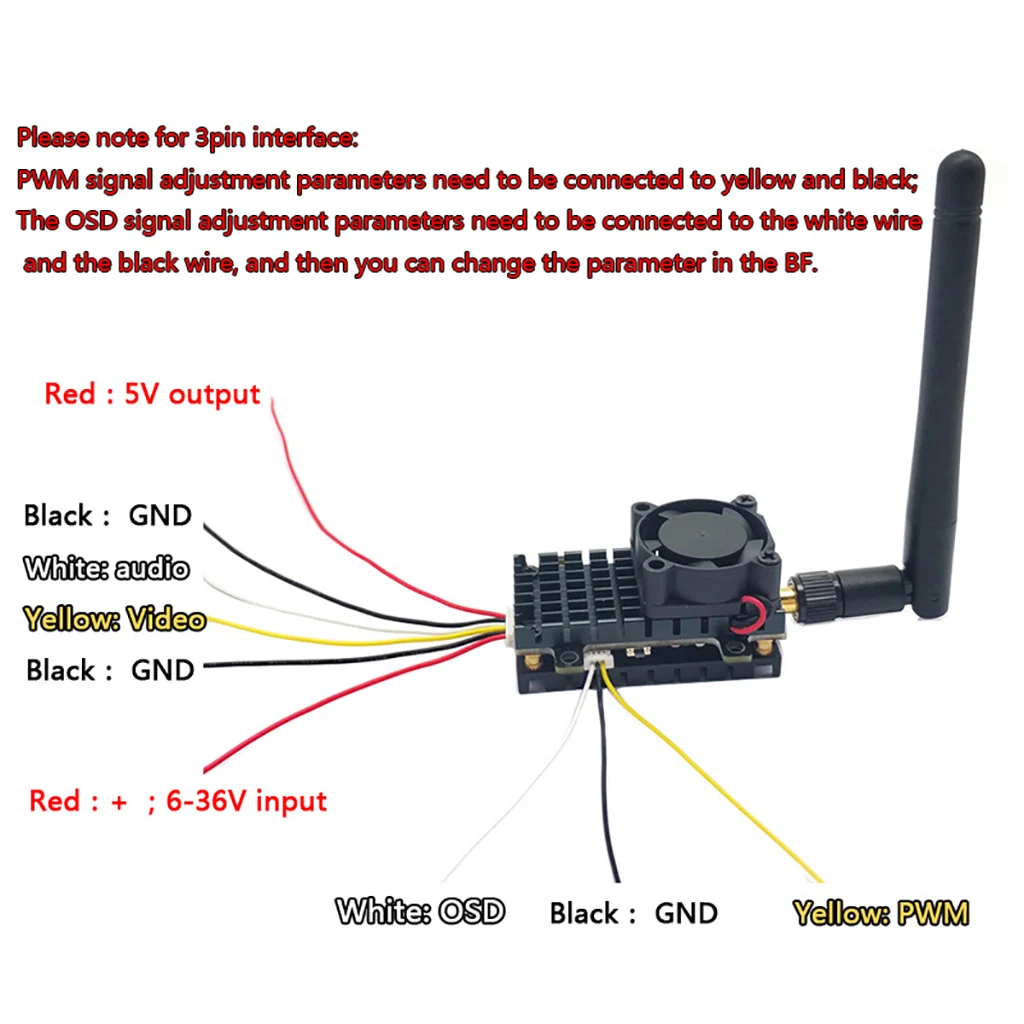 2W 2000mW 5.8G 48CH FPV トランスミッター ドローン VTX 冷却ファン付き RP-SMA オスアンテナ 固定翼飛行機 FPV クアッドコプター用