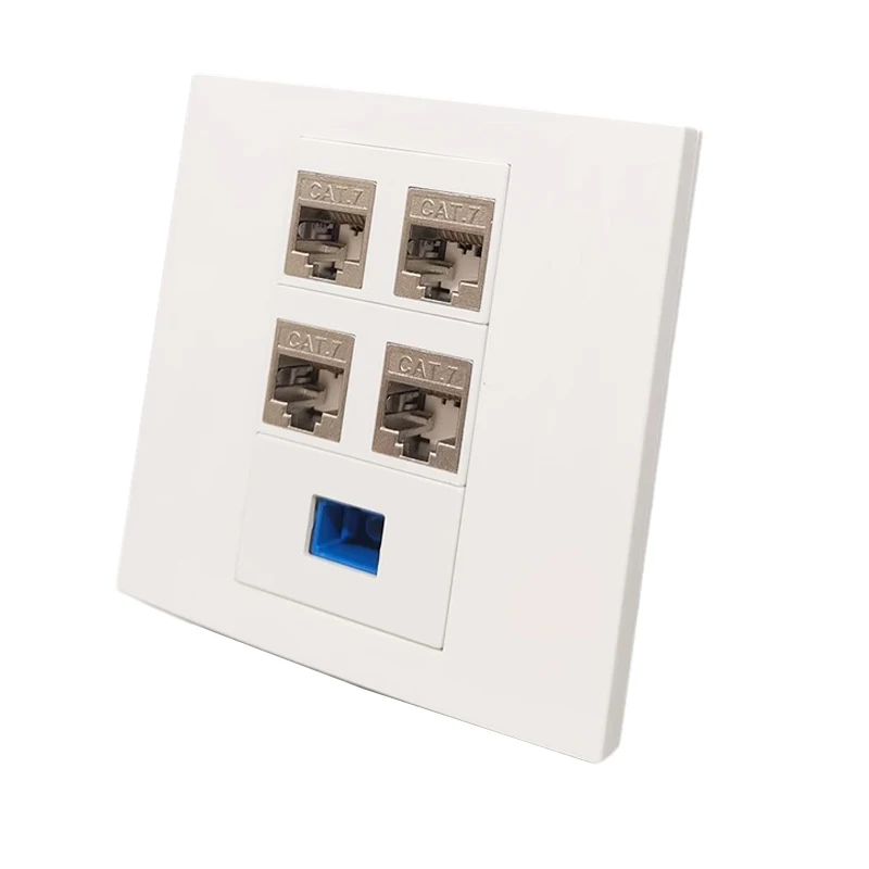 4 Ports CAT7 RJ45 Faceplate Shield CAT.7 Lan Keystone Socket SC UPC Optical Fiber Wall Panel 86x86mm For 10GB Network Connection