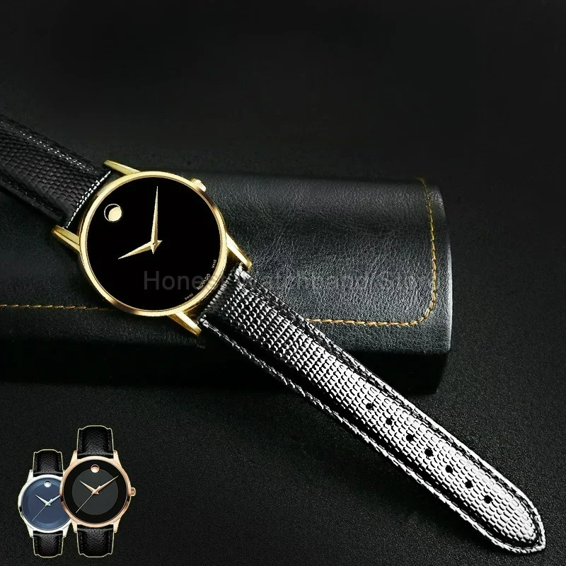 High Quality Black Genuine Leather Watch Accessories Lizard Textured Watch Strap for Movado Museum 0607194 606088 Flat Interface