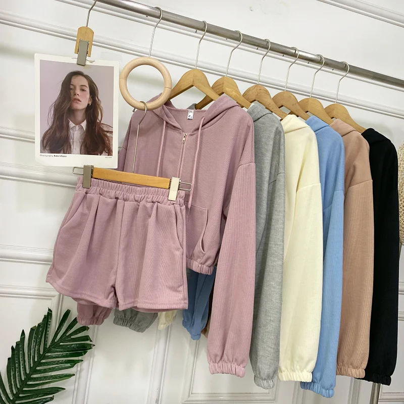 

Fashionable Casual Hooded Long Sleeve Women's Set Elastic Waist Wide Leg Shorts Two Piece Suit Cotton Autumn Wear