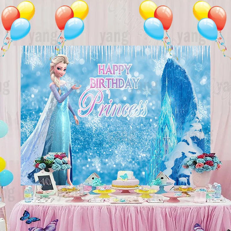 Custom Cartoon Disney Cute Frozen Elsa Girls Blue Icebergs Snowflake Backdrop Beautiful Princess Birthday party Photo Background