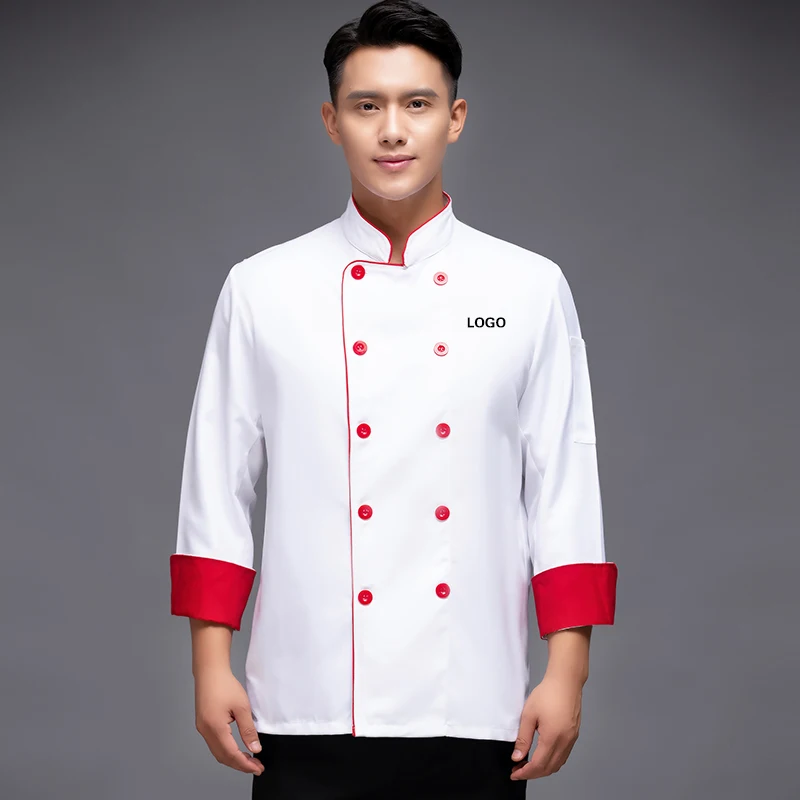 Chef Jas Mannen Lange Mouw Schort Hoed Bakkerij Kok Jas Unisex Keuken Gebak Kleding Restaurant Ober Uniform Print Logo