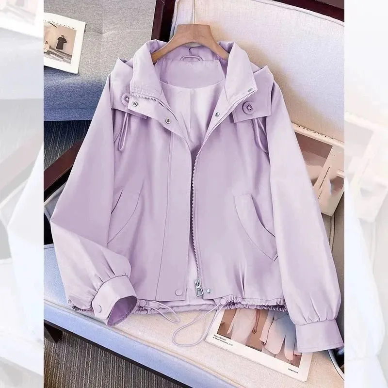 

Корейская женская модная ветровка с длинными рукавами, укороченная, с капюшоном, однотонная, в стиле пэчворк, для весны и осени